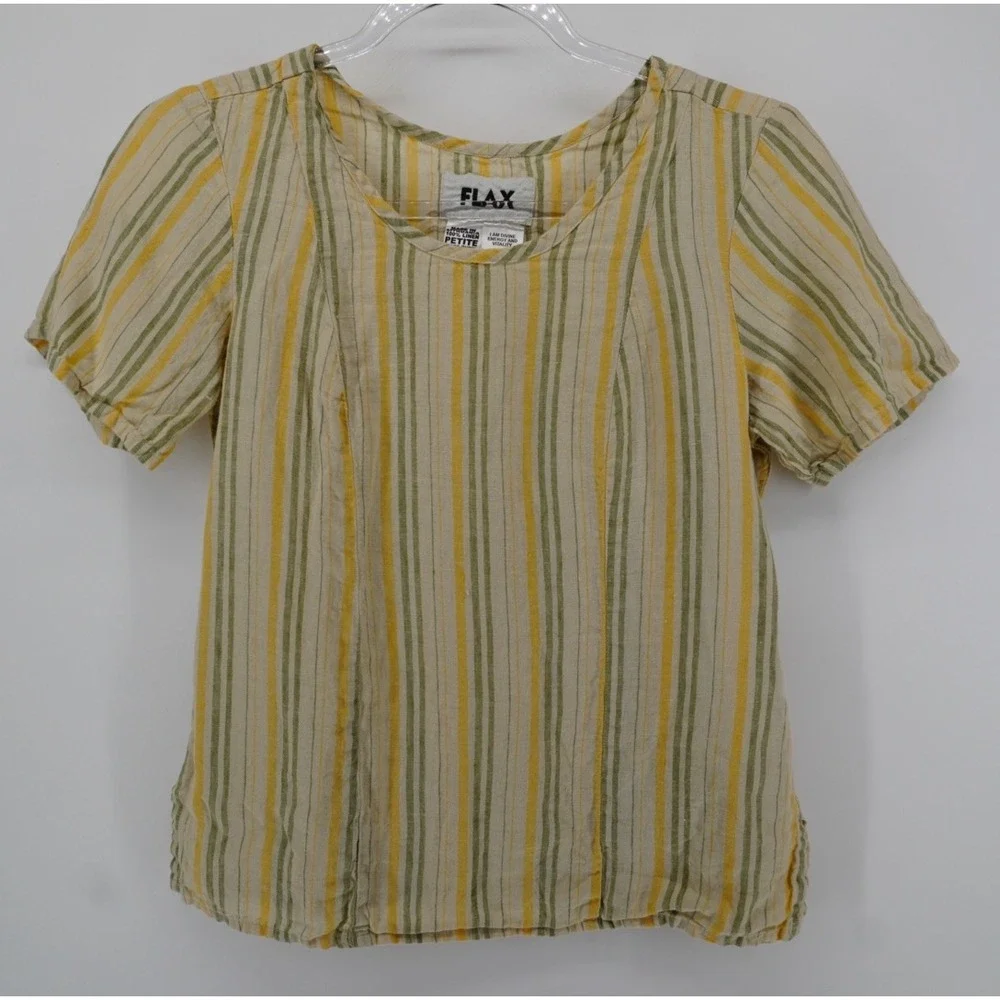 Flax Linen 2 Piece Set Yellow Green Striped Top and Midi Skirt Petite